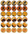 List jedlých koleček na cupcakes – Halloween, černé siluety na oranžovém pozadí (červená, černá, žlutá)