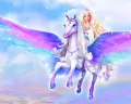 Obdélníkový jedlý obrázek na dort – Barbie, princezna na kouzelném pegasovi (fialová, modrá, růžová)