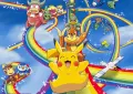 Obdélníkový jedlý obrázek na dort – Pokémon, Pikachu a přátelé na duze (modrá, žlutá, duhová)