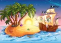 Obdélníkový jedlý obrázek na dort – Pirátská loď, u ostrova při západu slunce (modrá, žlutá, zelená)
