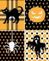 Obdélníkový jedlý obrázek na dort – Halloween, kočka, dýně, pavouk a duch (žlutá, černá, bílá)