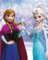 Obdélníkový jedlý obrázek na dort – Frozen, Anna a Elsa před zamrzlým lesem (modrá, bílá, fialová)