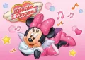 Obdélníkový jedlý obrázek na dort – Minnie, s křídly, notami a bublinami (růžová, bílá, žlutá)
