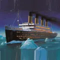 Kulatý jedlý obrázek na dort – Loď, Titanic, tvar čtverec (modrá, černá, bílá)