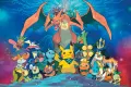 Obdélníkový jedlý obrázek na dort – Pokémon, Pikachu se šátkem a Charizard (modrá, červená, žlutá)