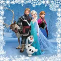 Obdélníkový jedlý obrázek na dort – Frozen, Parta přátel ve vločkovém rámu (modrá, bílá, tyrkysová)