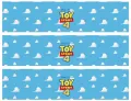 Obdélníkový jedlý obrázek na dort – Toy Story, pásy s mráčky a logem Toy Story 4 (modrá, bílá, žlutá)