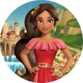 Kulatý jedlý obrázek na dort – Elena z Avaloru, princezna a palác s vodopádem (červená, modrá, hnědá)