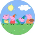 Kulatý jedlý obrázek na dort – Prasátko Peppa, rodinka s dortem a kloboučky (modrá, zelená, růžová)