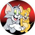 Kulatý jedlý obrázek na dort – Tom a Jerry, na červeno-černém pozadí (červená, šedá, žlutá)