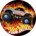 Kulatý jedlý obrázek na dort – Hot Wheels, Modrý monster truck v plamenech (červená, žlutá, modrá)
