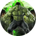 Kulatý jedlý obrázek na dort – Hulk, zelené blesky a hořící město (zelená, černá, šedá)