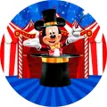 Kulatý jedlý obrázek na dort – Mickey Mouse, Kouzelník v cirkusovém šapitó (modrá, červená, černá)