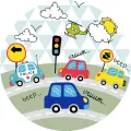 Kulatý jedlý obrázek na dort – Autíčka, městský provoz s helikoptérou (modrá, červená, žlutá)