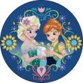 Kulatý jedlý obrázek na dort – Frozen, Elsa a Anna s dárkem a květinami (modrá, zelená, žlutá)
