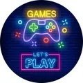 Kulatý jedlý obrázek na dort – Games, Play (modrá, fialová, černá)