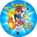 Kulatý jedlý obrázek na dort – Pokémon, Ash s pokéballem a startéři (modrá, červená, žlutá)