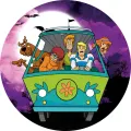 Kulatý jedlý obrázek na dort – Scooby Doo, parta v dodávce za úplňku (tyrkysová, fialová, zelená)