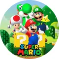 Kulatý jedlý obrázek na dort – Super Mario, s Luigim, Yoshim a bloky s otazníky (zelená, červená, modrá)