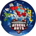 Kulatý jedlý obrázek na dort – Transformers, Rescue Bots tým v modré jeskyni (červená, modrá, žlutá)