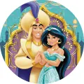 Kulatý jedlý obrázek na dort – Aladin, princezna Jasmína (tyrkysová, fialová, zlatá)