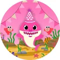 Kulatý jedlý obrázek na dort – Baby Shark, růžová žraločice s čepičkou (růžová, červená, žlutá)
