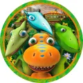 Kulatý jedlý obrázek na dort – Dinosauři, ještěři s projíždějícím vláčkem (zelená, žlutá, modrá)