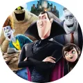 Kulatý jedlý obrázek na dort – Hotel Transylvania, Drákula v plášti a hrad (černá, fialová, modrá)