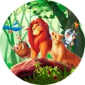 Kulatý jedlý obrázek na dort – Lví král, Simba, Nala a přátelé v džungli (zelená, hnědá, červená)