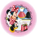 Kulatý jedlý obrázek na dort – Minnie, nákupy před výlohou butiku (růžová, červená, bílá)