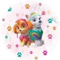 Kulatý jedlý obrázek na dort – Paw Patrol, Skye a Everest na kytičkách (růžová, tyrkysová, bílá)