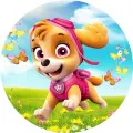 Kulatý jedlý obrázek na dort – Paw Patrol, běžící Skye na louce s motýly (růžová, modrá, zelená)