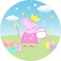 Kulatý jedlý obrázek na dort – Prasátko Peppa, víla s korunkou a dárky (růžová, modrá, zelená)