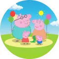 Kulatý jedlý obrázek na dort – Prasátko Peppa, rodinka s balonky (zelená, modrá, růžová)