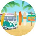 Kulatý jedlý obrázek na dort – Pláž, Surf (tyrkysová, žlutá, modrá)