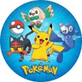 Kulatý jedlý obrázek na dort – Pokémon, Pikachu a startéři z Aloly (modrá, žlutá, červená)
