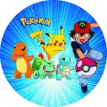 Kulatý jedlý obrázek na dort – Pokémon, Ash a startéři na modrém pozadí (modrá, žlutá, červená)