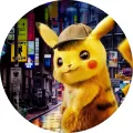 Kulatý jedlý obrázek na dort – Pokémon, Detektiv Pikachu v nočním městě (žlutá, modrá, černá)