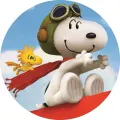 Kulatý jedlý obrázek na dort – Snoopy, letec s Woodstockem na obloze (modrá, bílá, červená)