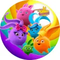 Kulatý jedlý obrázek na dort – Sunny Bunnies (duhová, fialová, žlutá)