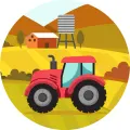 Kulatý jedlý obrázek na dort – Traktor, červený na poli u vodárenské věže (červená, žlutá, hnědá)