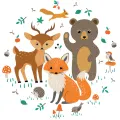 Kulatý jedlý obrázek na dort – Lesní zvířátka, parta s jelínkem a liškou (hnědá, bílá, zelená)