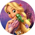 Kulatý jedlý obrázek na dort – Locika, Na vlásku, s chameleonem na ruce (fialová, žlutá, zelená)