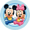 Kulatý jedlý obrázek na dort – Mickey a Minnie, miminka v dupačkách (modrá, růžová, bílá)