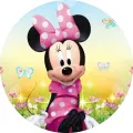 Kulatý jedlý obrázek na dort – Minnie, na louce s motýlky (růžová, žlutá, černá)