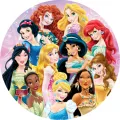 Kulatý jedlý obrázek na dort – Princezny, na růžovém třpytivém pozadí (růžová, modrá, žlutá)