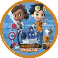 Kulatý jedlý obrázek na dort – Rusty Nýtek, Rusty, Ruby a Botasaur v dílně (modrá, žlutá, šedá)