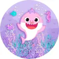 Kulatý jedlý obrázek na dort – Baby Shark, růžová žraločí slečna s mašlí (růžová, fialová, tyrkysová)