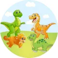 Kulatý jedlý obrázek na dort – Dinosauři, čtyři kamarádi na palouku (zelená, žlutá, modrá)