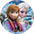 Kulatý jedlý obrázek na dort – Frozen, sestry s Olafem před hradem Arendelle (modrá, fialová, bílá)